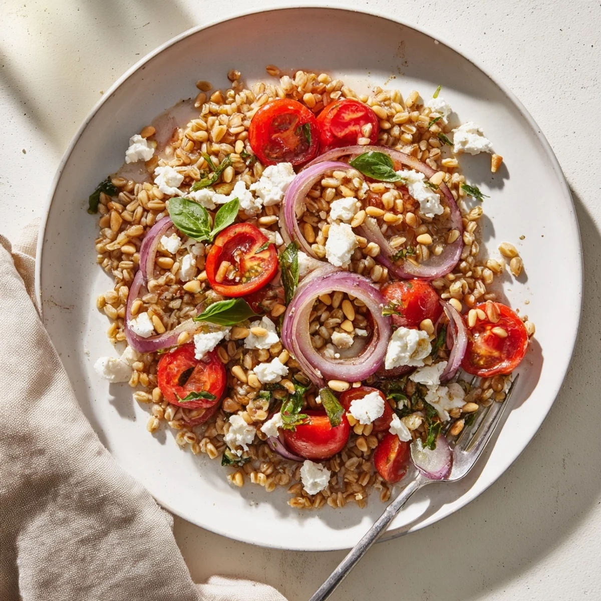 Golden bowl of warm farro with roasted cherry tomatoes, fresh basil, and parsley scattered on top.