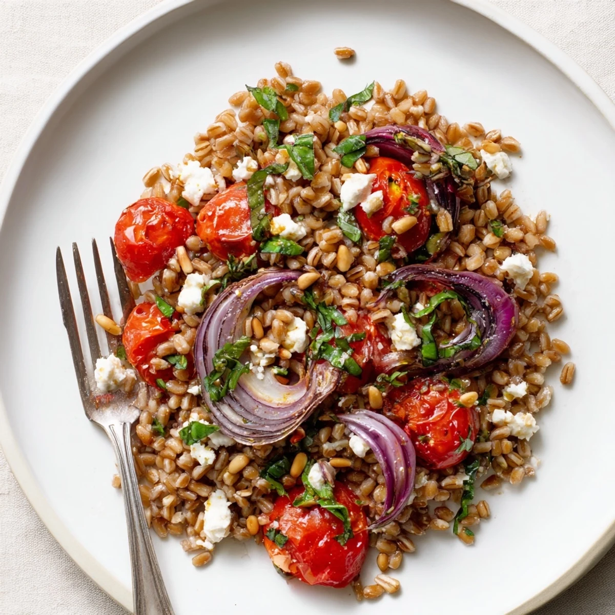 Hearty Mediterranean grain salad featuring nutty farro tossed with sweet caramelized cherry tomatoes and red onion.