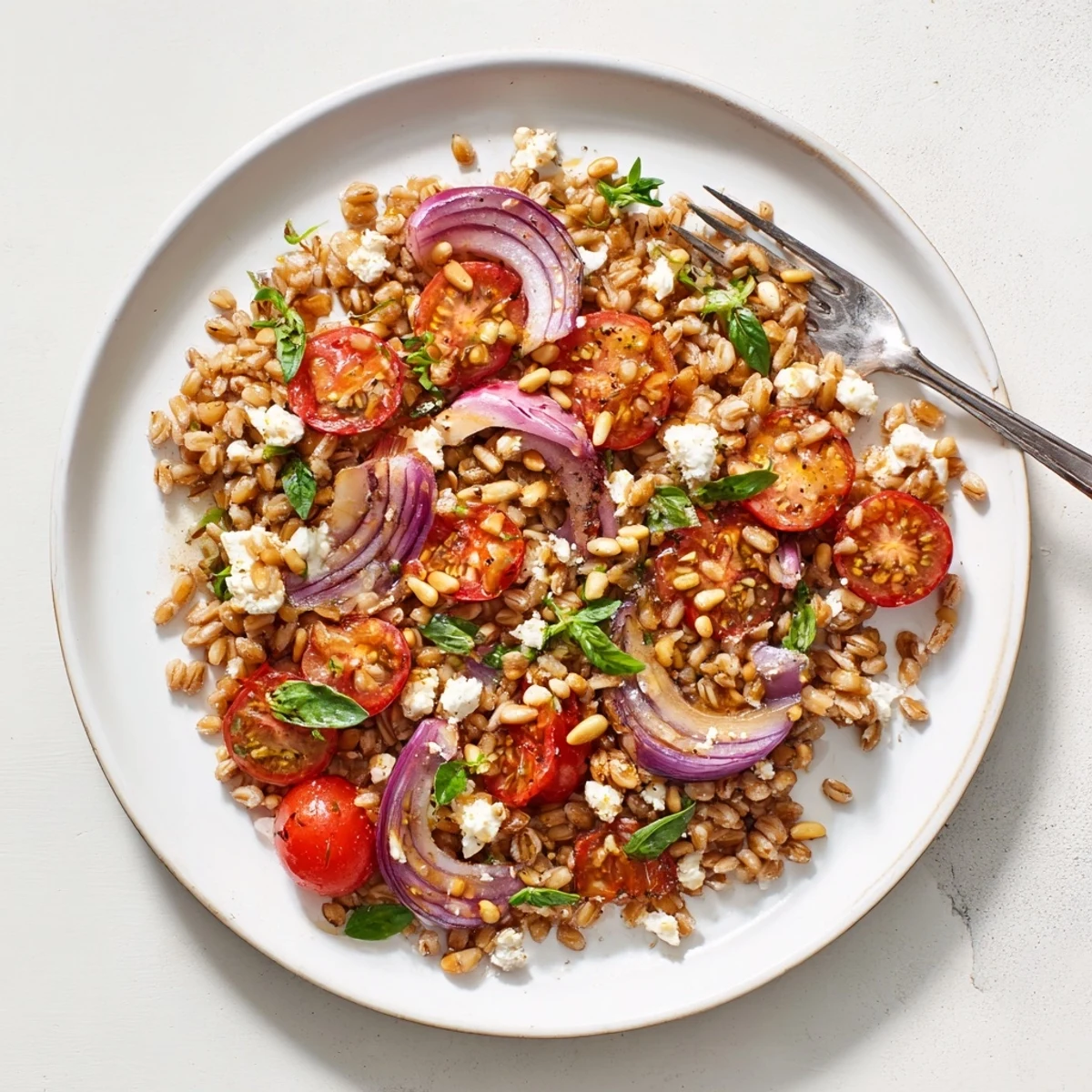 Close-up of wholesome farro salad drizzled with balsamic dressing and garnished with fresh torn basil leaves.