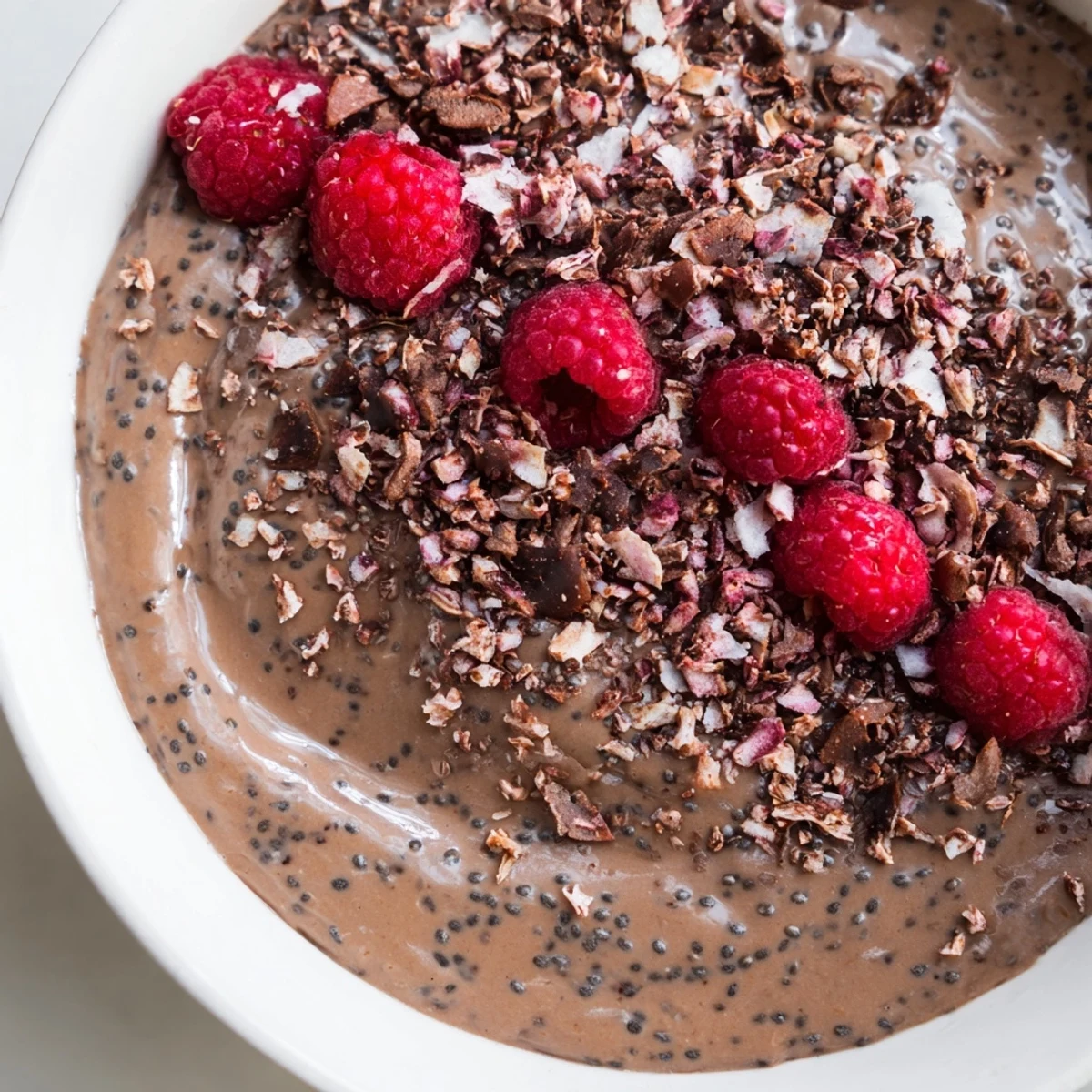 Creamy cacao coconut chia pudding topped with toasted flakes and fresh berries in glass bowls