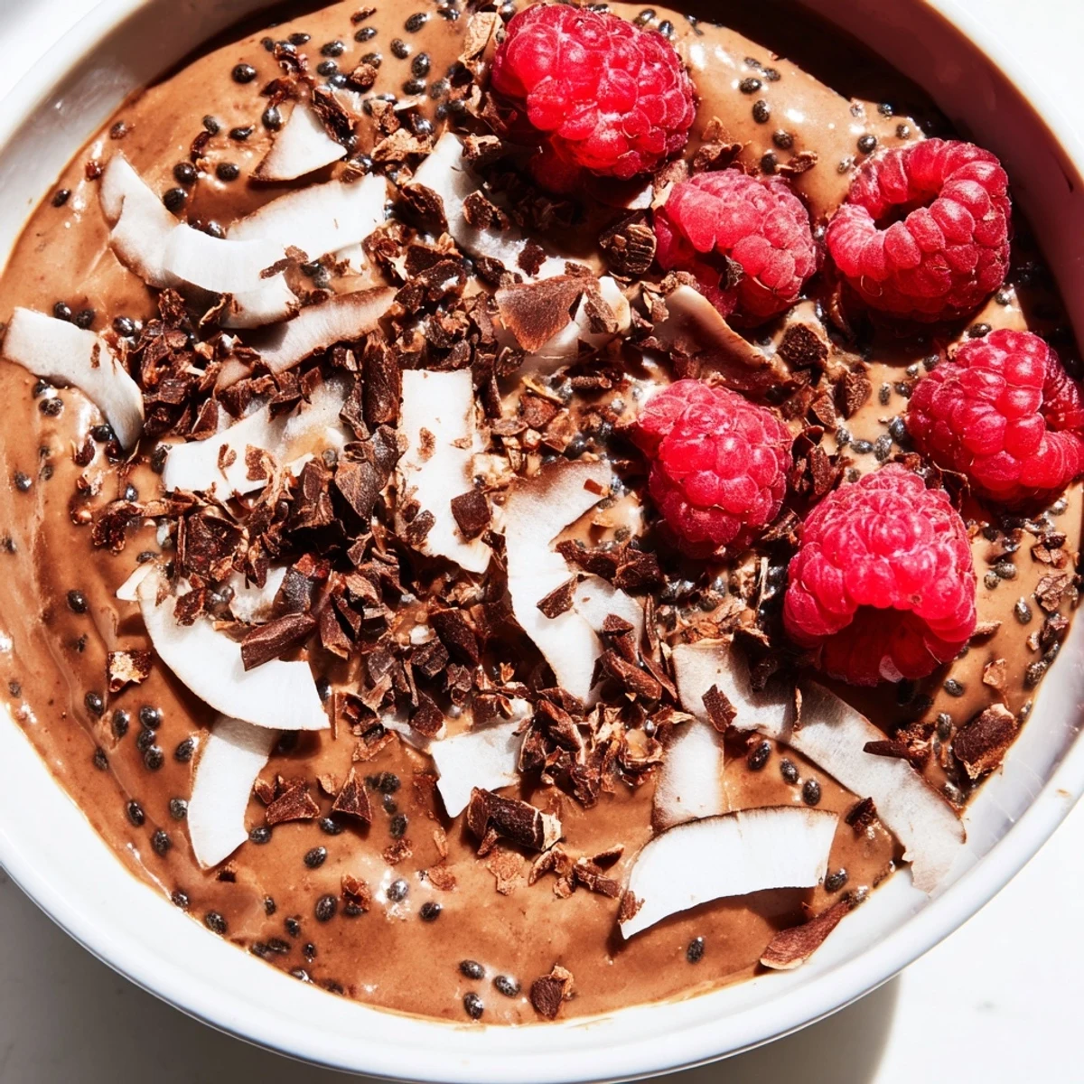 Rich chocolate coconut chia cream dessert garnished with cacao nibs and sliced banana on white plate