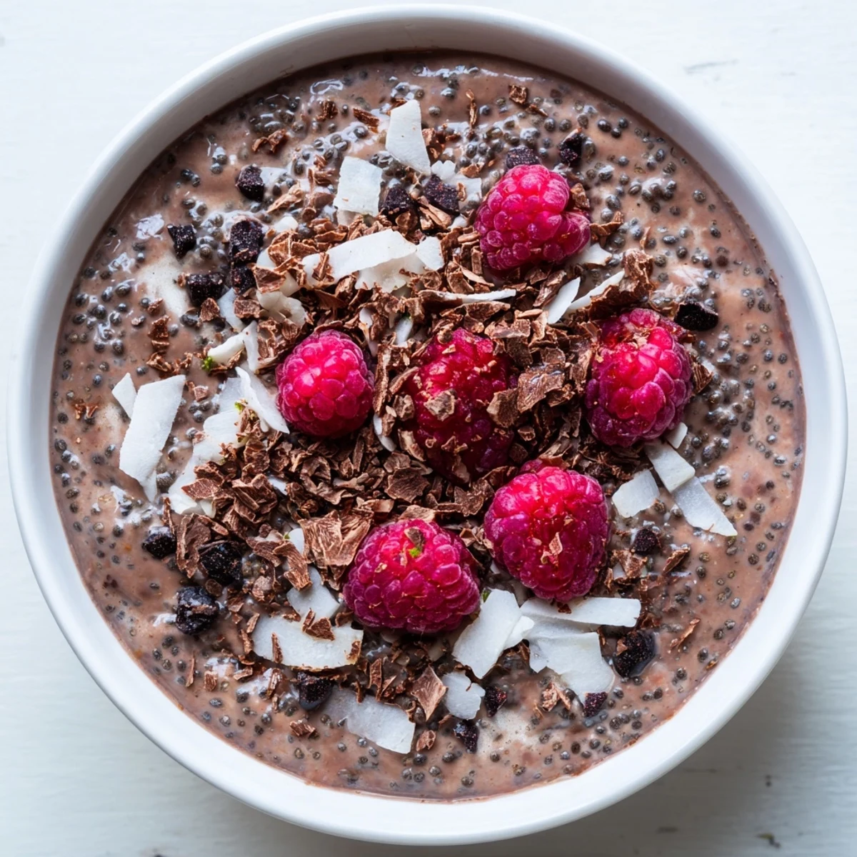Vegan cacao coconut chia pudding with luscious pudding texture and colorful fruit toppings ready to serve