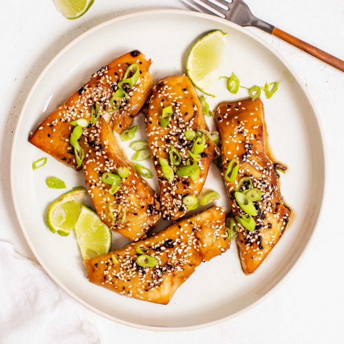 Golden brown sesame ginger glazed cod fillets brushed with shiny sweet savory sauce and topped with toasted sesame seeds and fresh green onion slices