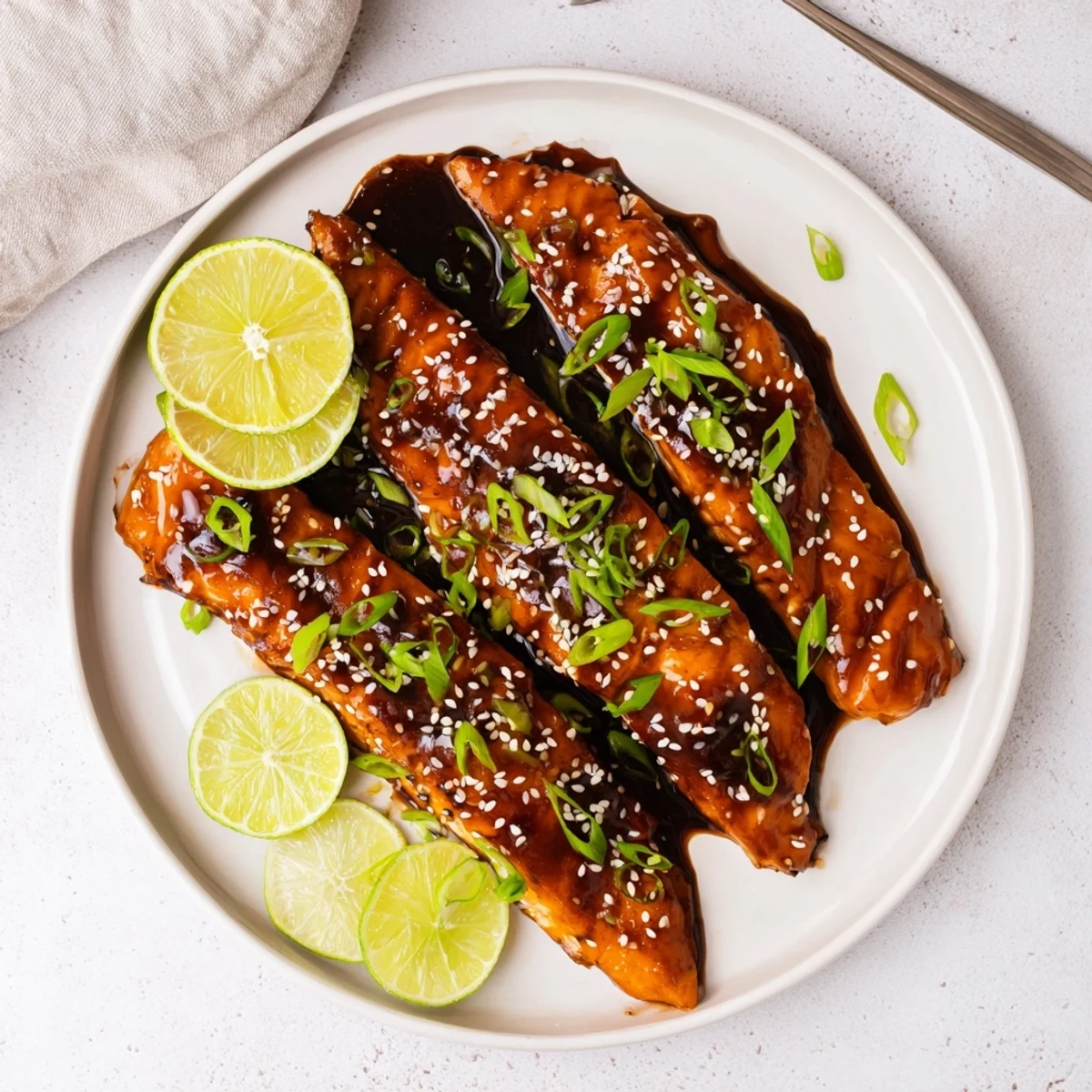 Flaky Asian-inspired cod fillets caramelized under the broiler with sticky sesame ginger sauce and sprinkled with crunchy sesame seeds and vibrant green onions