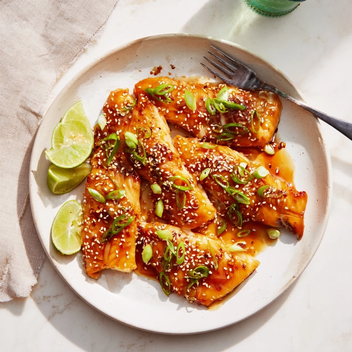 Tender broiled cod pieces coated in thick honey soy ginger glaze garnished with white sesame seeds and sliced scallions on a white plate