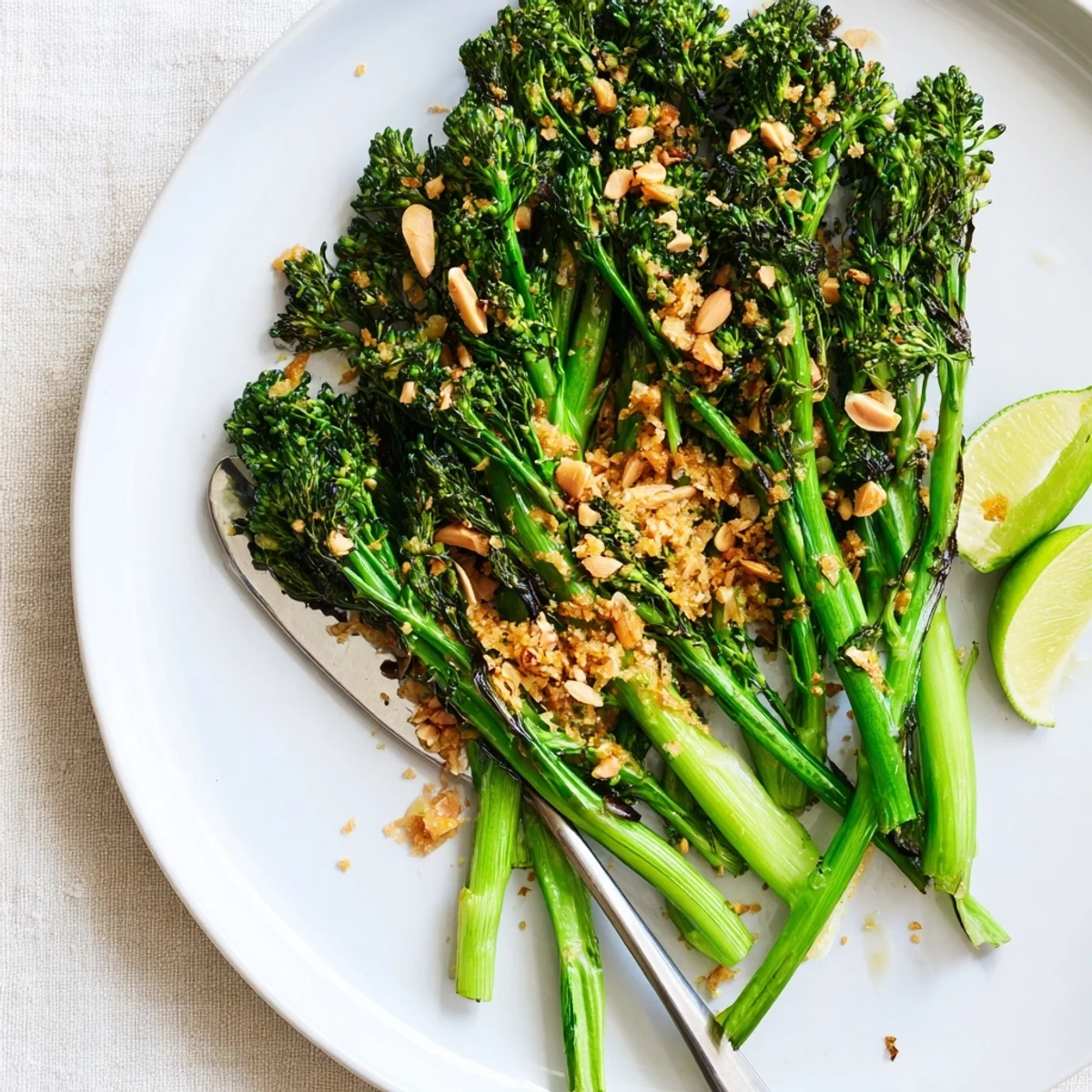 Golden roasted broccolini drizzled with fresh lime juice and minced garlic on a white serving platter