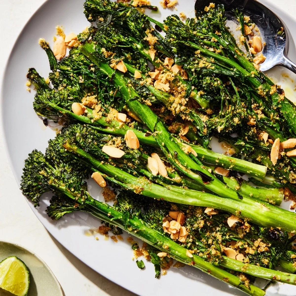 Tender garlic lime roasted broccolini with crispy edges and vibrant green stalks arranged attractively on a plate