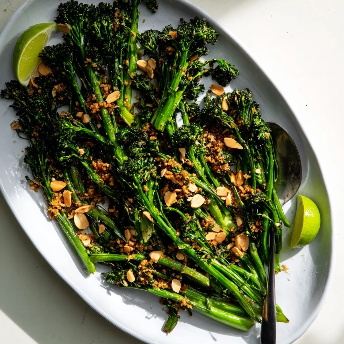 Close-up of perfectly roasted broccolini spears coated in aromatic garlic and zesty lime seasoning, garnished with toasted almonds