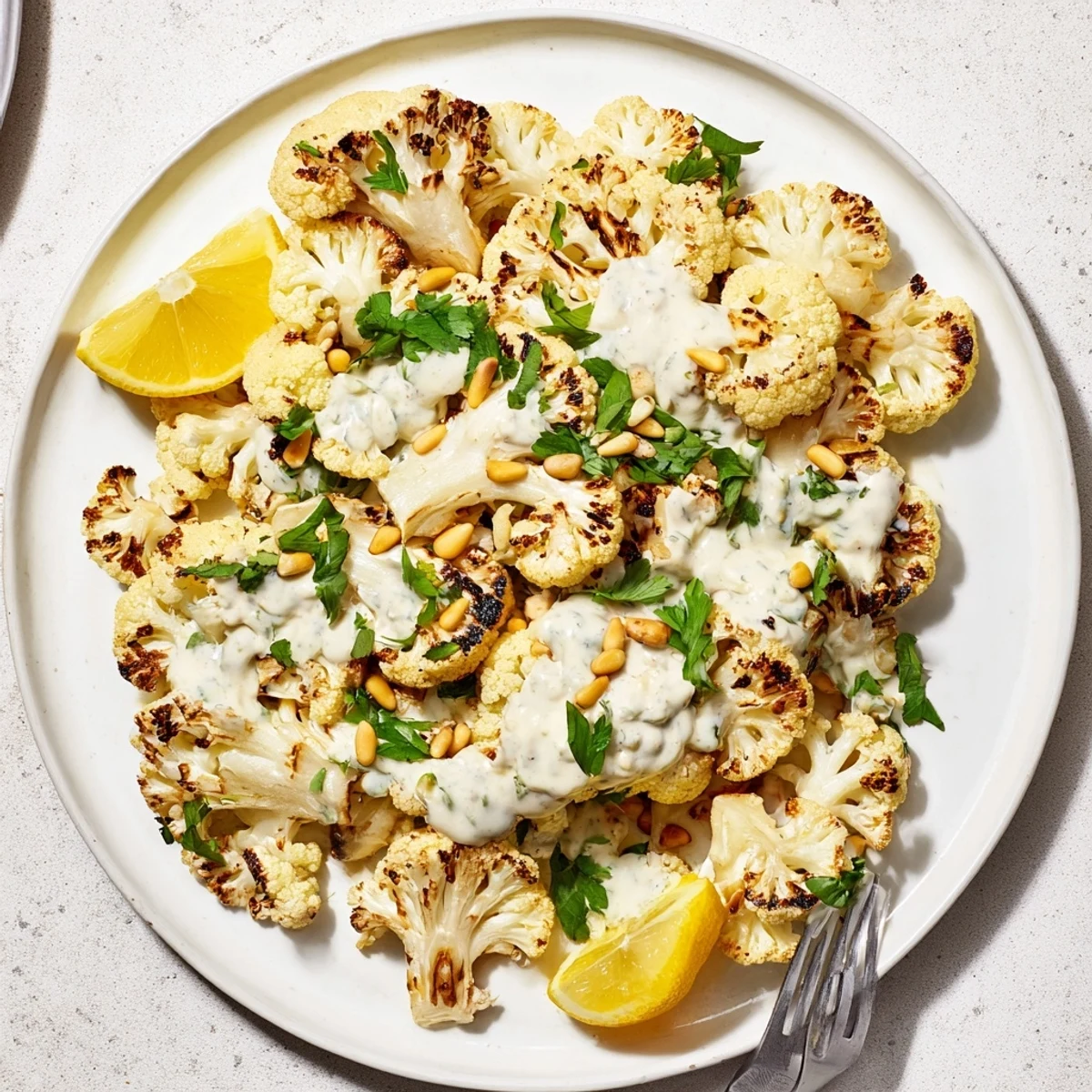 Golden roasted cauliflower with lemon herb tahini drizzled over caramelized florets and fresh parsley garnish
