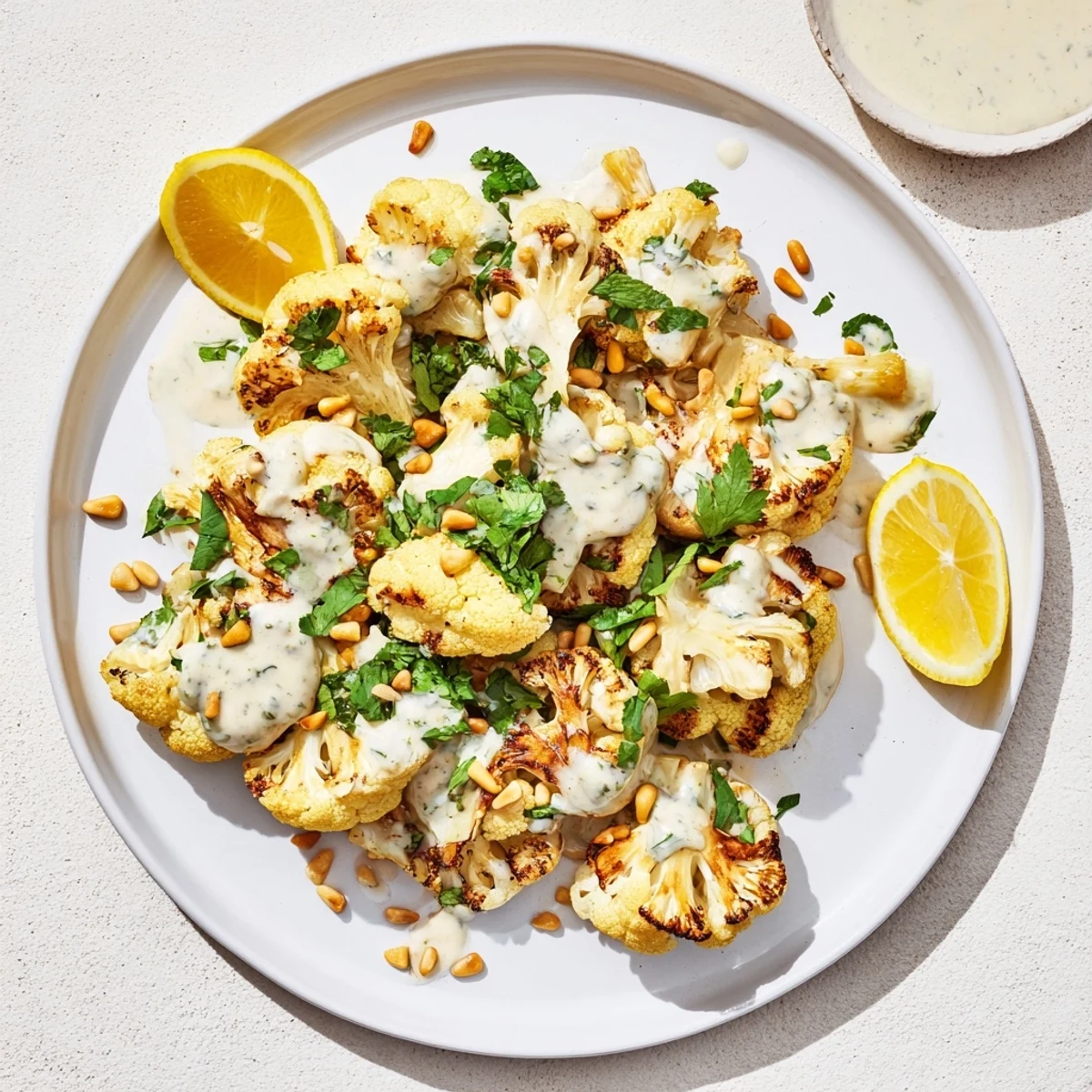 Creamy lemon herb tahini sauce coats tender roasted cauliflower florets sprinkled with toasted pine nuts