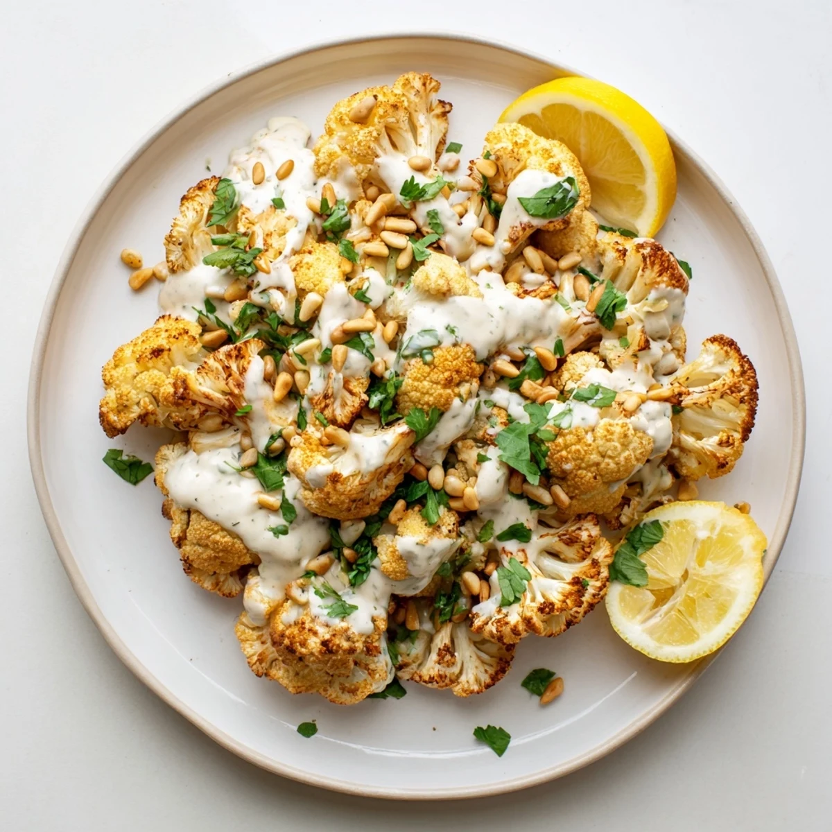 Vegan roasted cauliflower with lemon herb tahini featuring zesty sauce and golden brown crispy edges