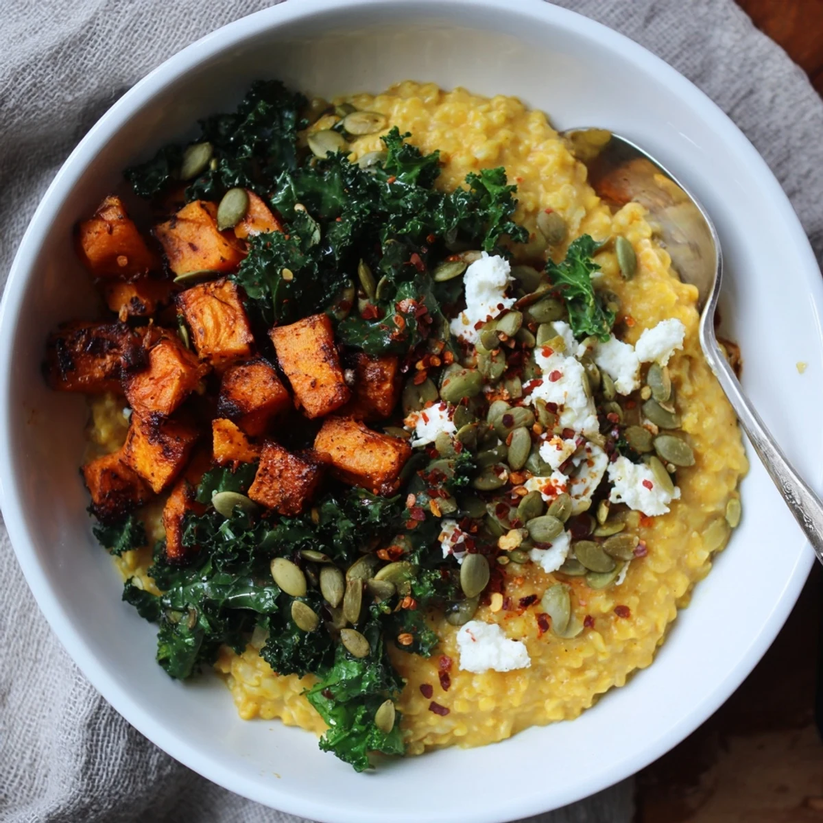 Hearty savory oat bowl featuring tender roasted sweet potato cubes and bright green sautéed kale