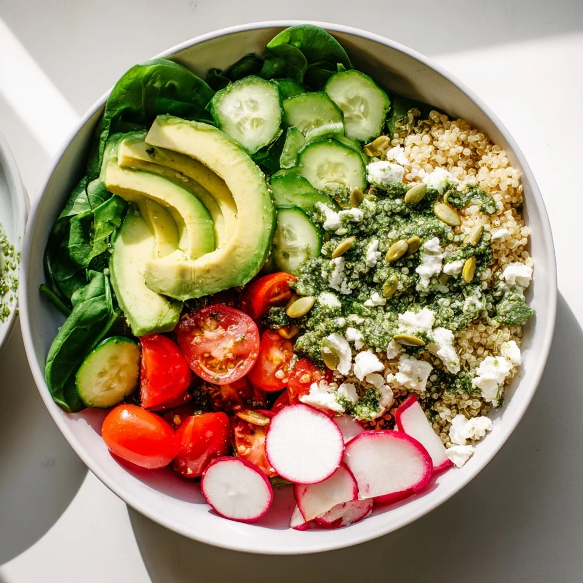 Fresh herbed quinoa and avocado spring bowl layered with colorful seasonal vegetables and zesty herb dressing