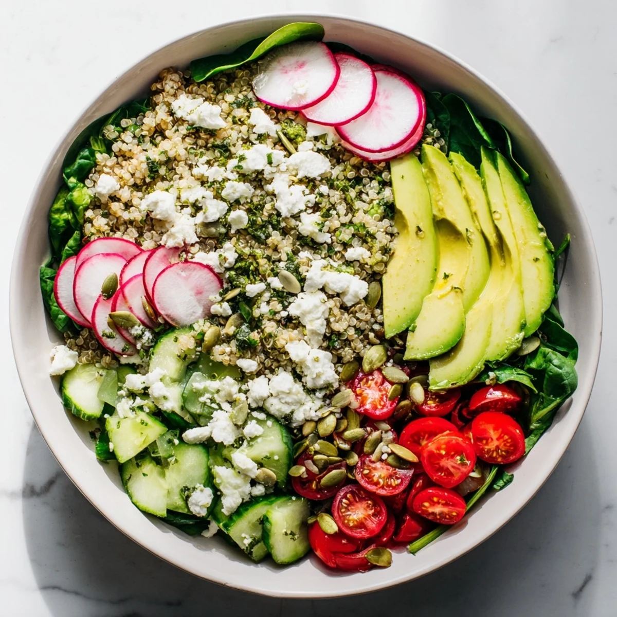 Creamy avocado slices top fluffy herbed quinoa surrounded by crisp vegetables in a vibrant spring bowl arrangement