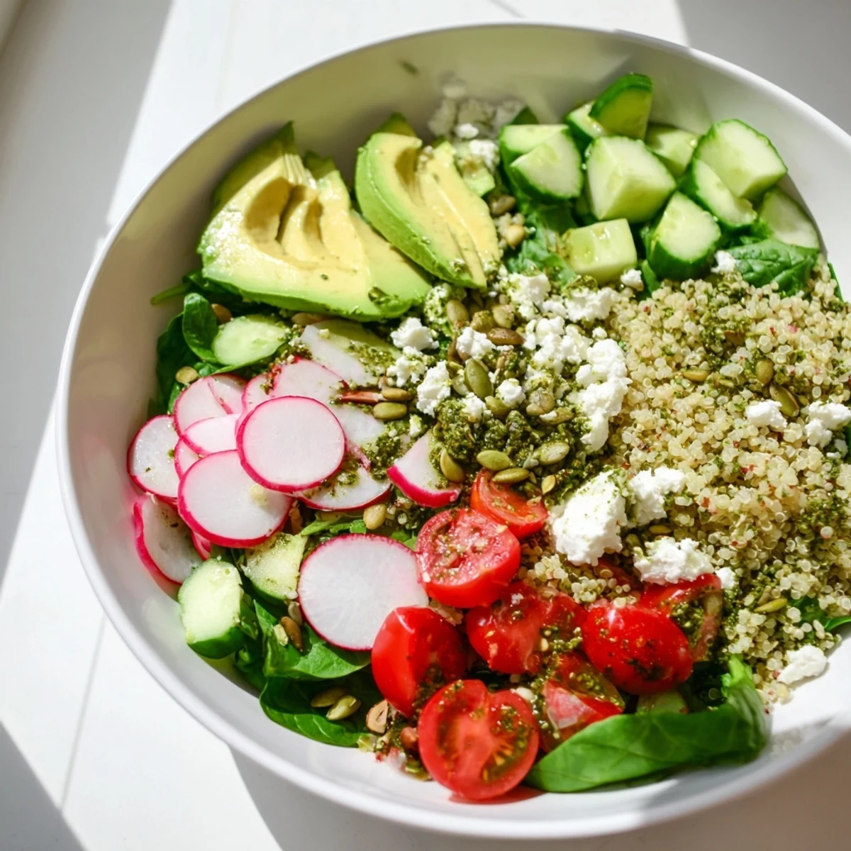 Light vegetarian herbed quinoa and avocado spring bowl drizzled with lemon herb dressing and fresh garden vegetables