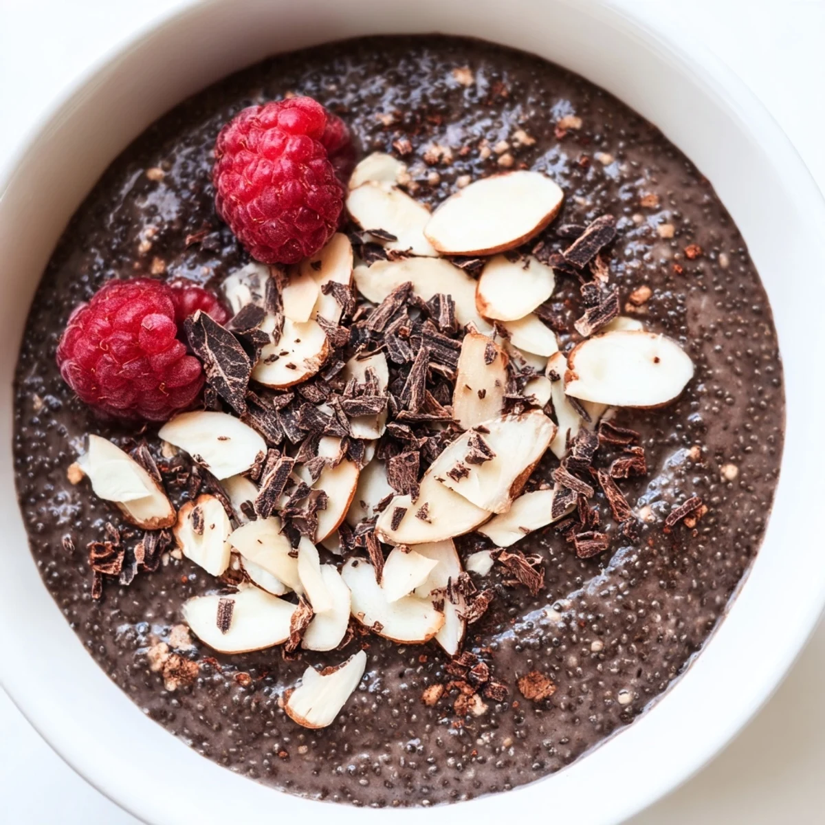 Creamy cocoa almond chia pudding topped with fresh berries and dark chocolate shavings in a glass bowl