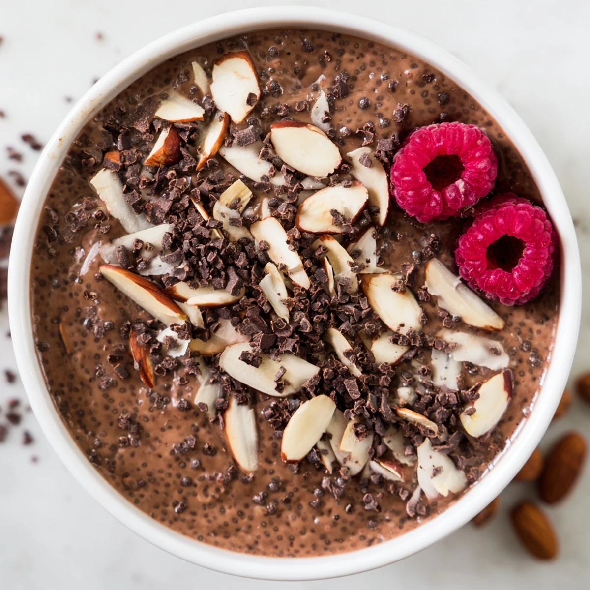 Rich dairy-free cocoa almond chia cream dessert layered with sliced almonds and raspberries for a healthy breakfast treat