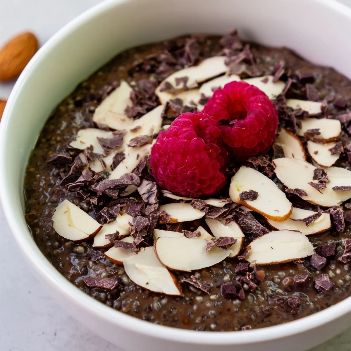 Thick chocolate almond chia pudding garnished with coconut flakes and served in elegant parfait glasses