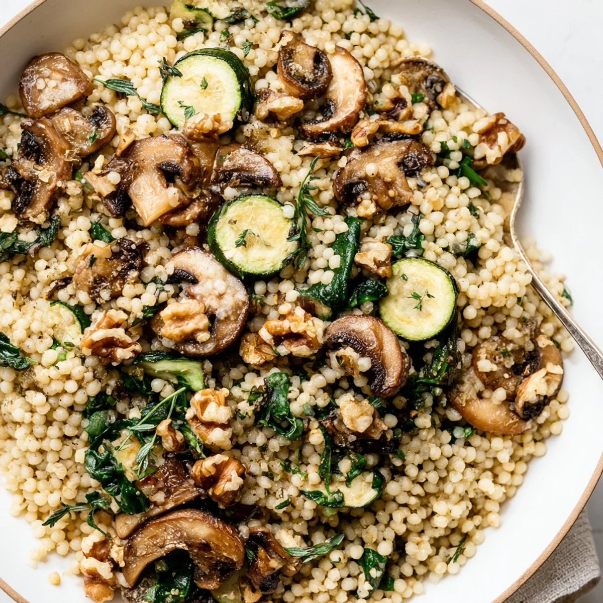 Golden bowl of savory mushroom and herb millet topped with fresh parsley and toasted walnuts