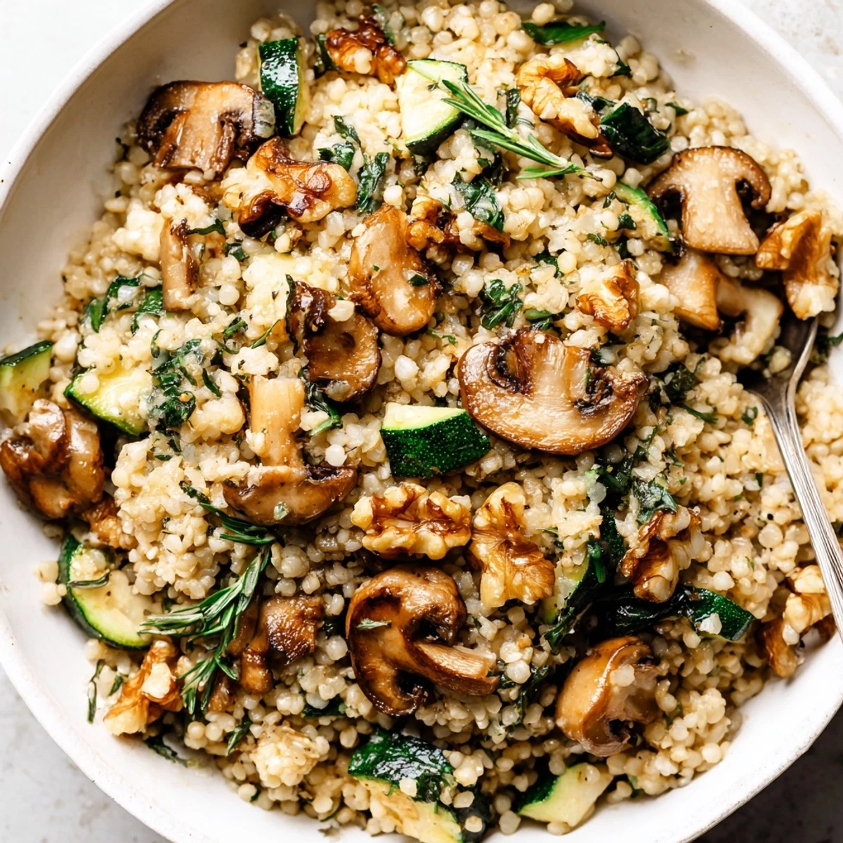 Comforting vegetarian millet bowl with browned mushrooms, baby spinach, and optional grated Parmesan cheese garnish