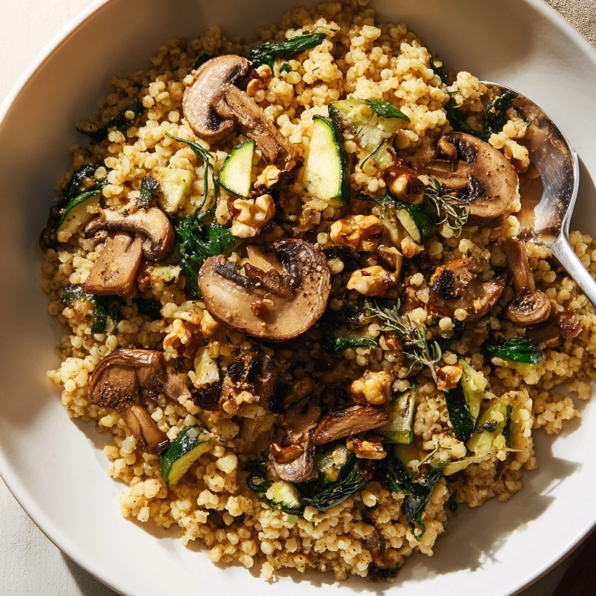 Wholesome millet bowl featuring sautéed mushrooms, zucchini, and fragrant rosemary served in a rustic ceramic dish