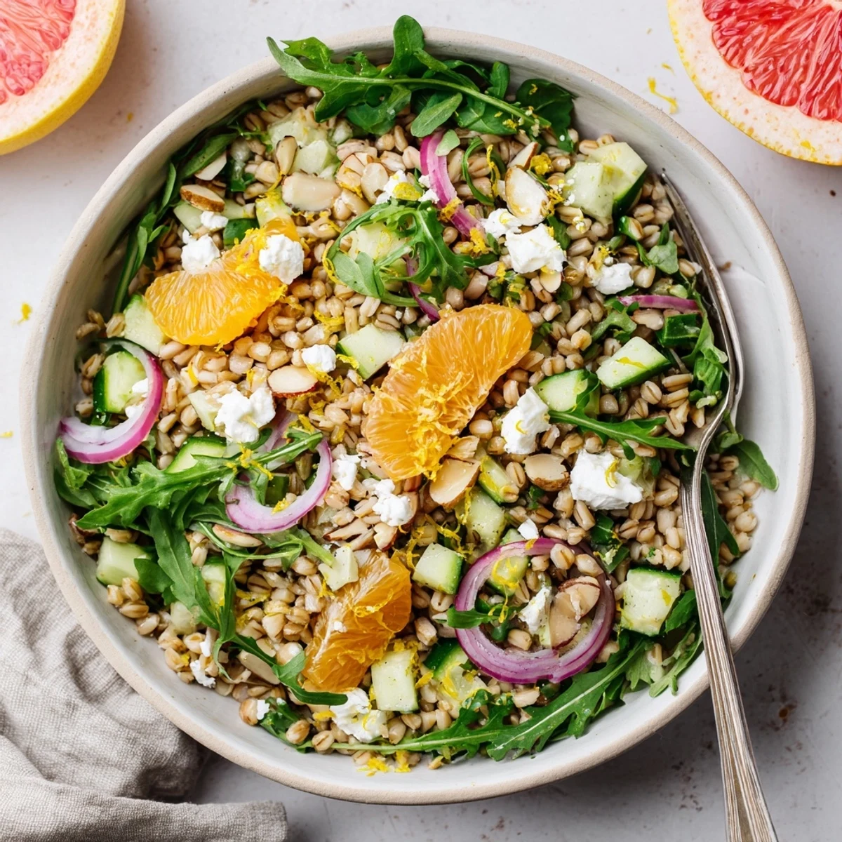 Colorful citrus barley and arugula bowl topped with fresh orange and grapefruit segments