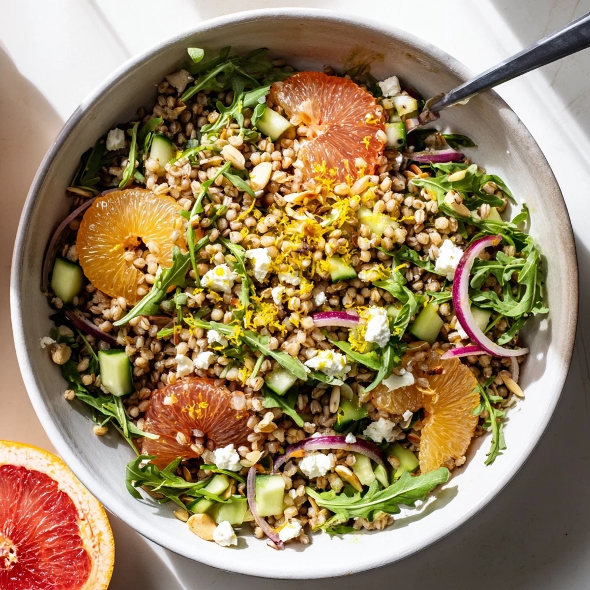 Healthy grain bowl featuring nutty barley, peppery arugula, and juicy citrus in vinaigrette