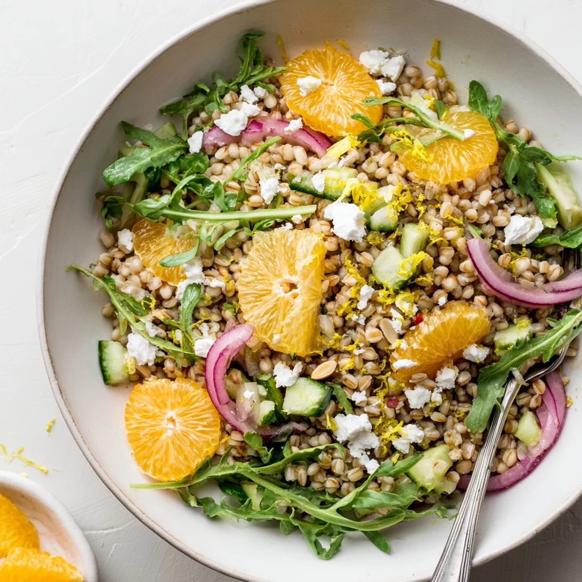 Fresh citrus barley salad bowl with arugula, almonds, and bright citrus segments