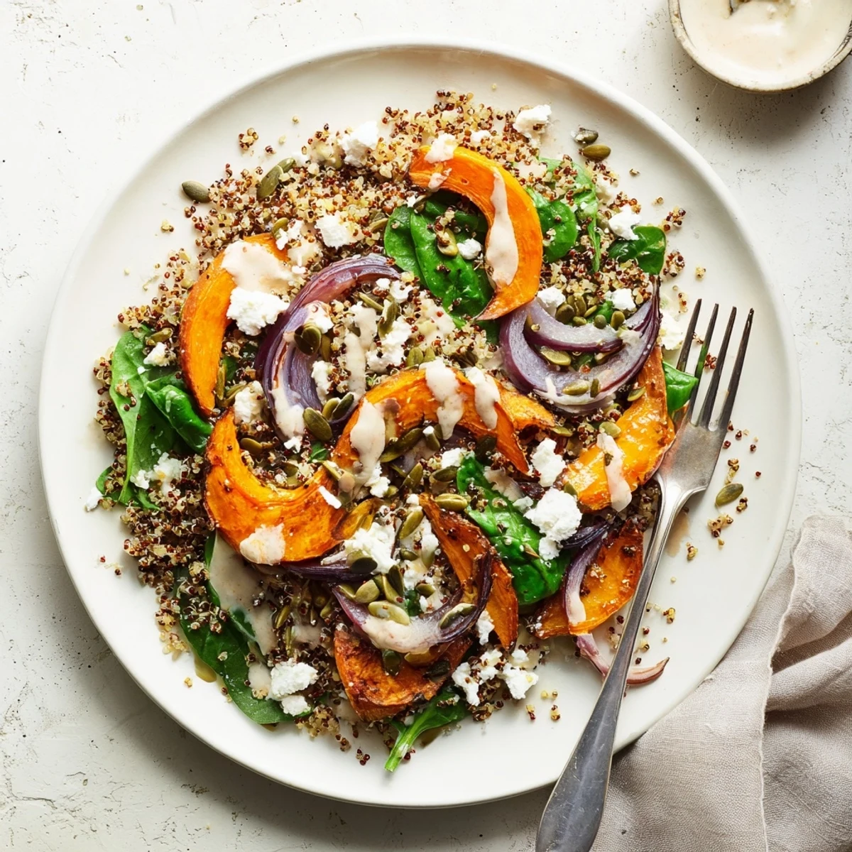 Colorful warm quinoa salad bowl topped with caramelized carrots, pumpkin seeds, and crumbled feta cheese