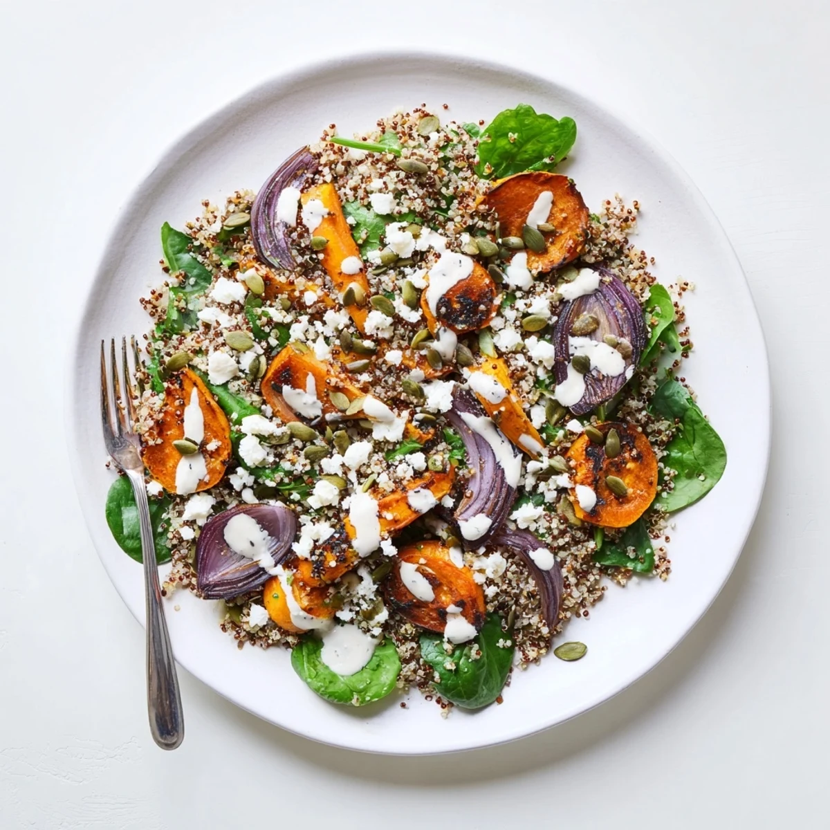 Hearty quinoa and roasted carrot salad drizzled with zesty tahini dressing and garnished with parsley