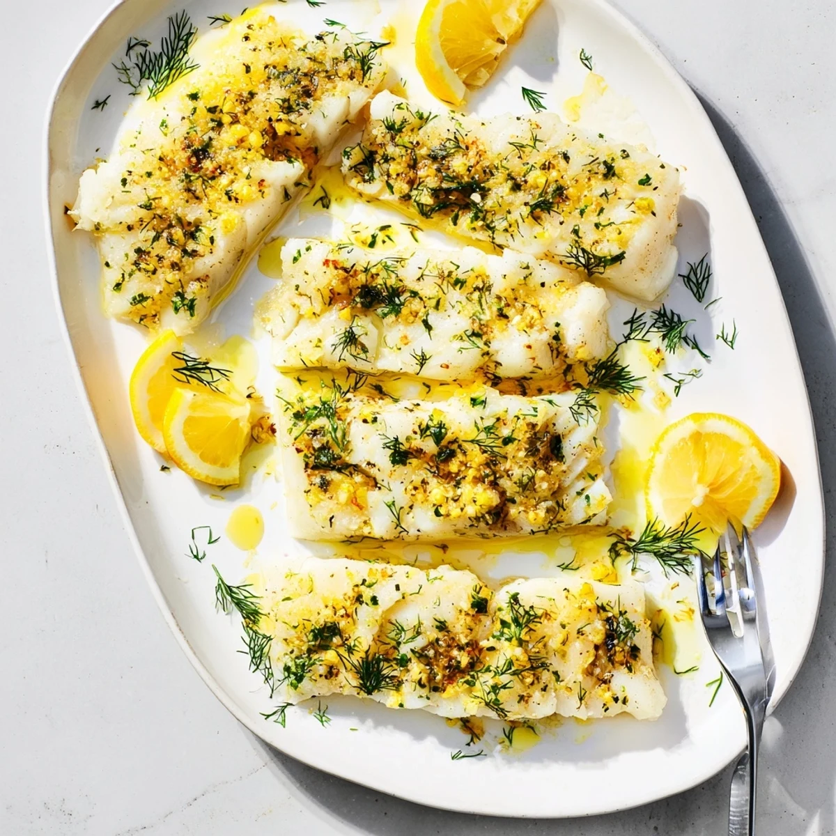 Golden baked lemon garlic herb baked cod fillets garnished with fresh parsley and lemon wedges on a white plate