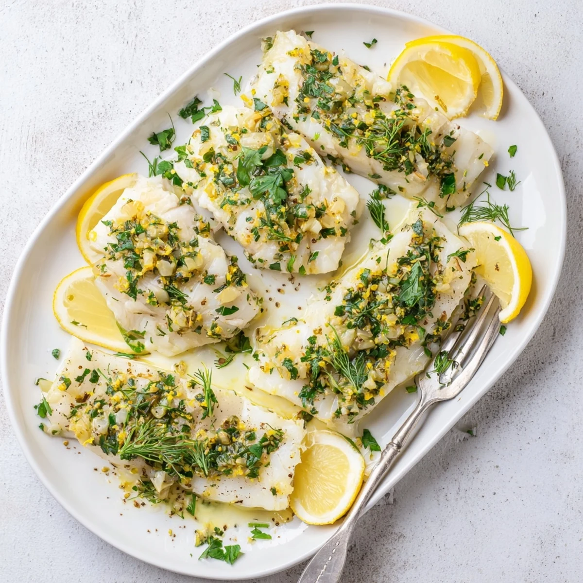 Perfectly cooked lemon garlic herb baked cod with crispy edges and tender moist flesh topped with diced parsley