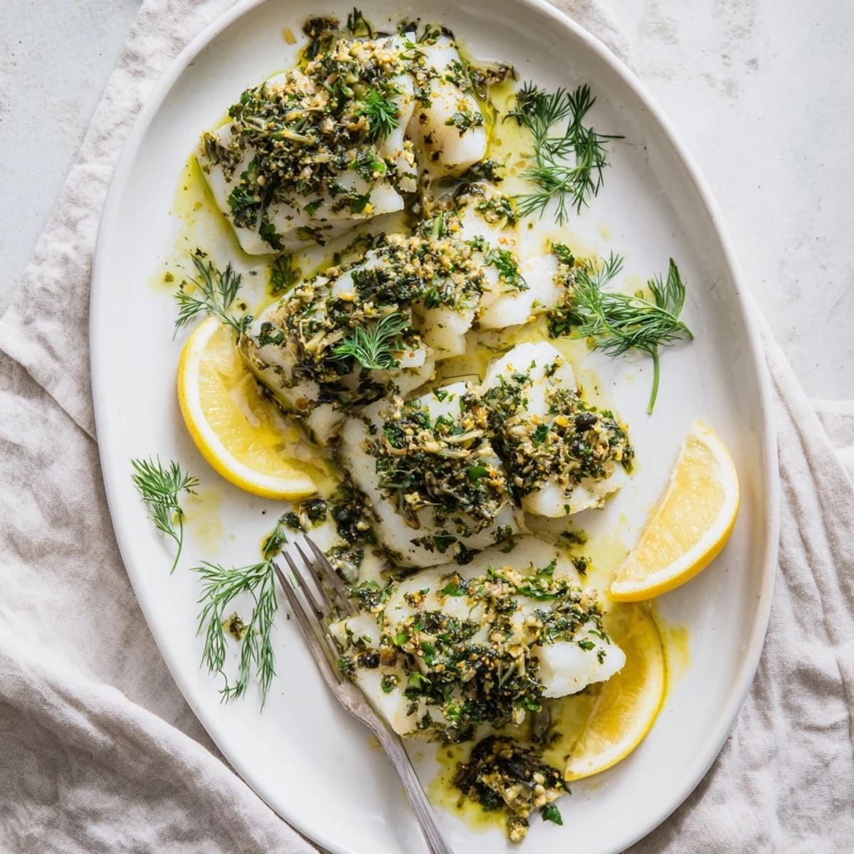 Flaky white lemon garlic herb baked cod resting on a baking sheet with vibrant herb marinade and citrus slices