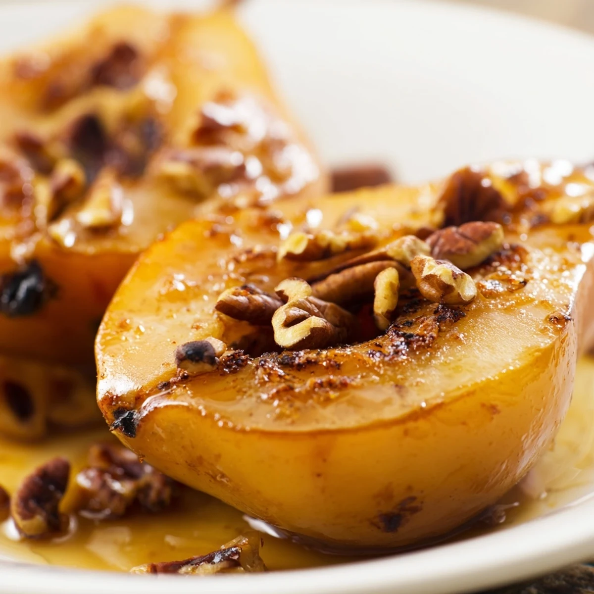 Golden vanilla maple baked pears glazed with cinnamon and drizzled with sweet syrup