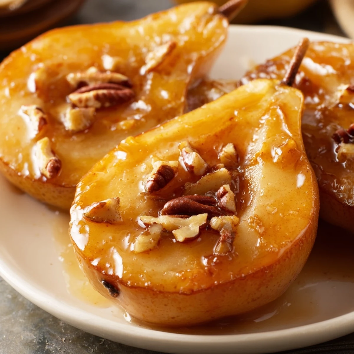 Tender roasted pears baked with buttery maple vanilla glaze and toasted pecan topping