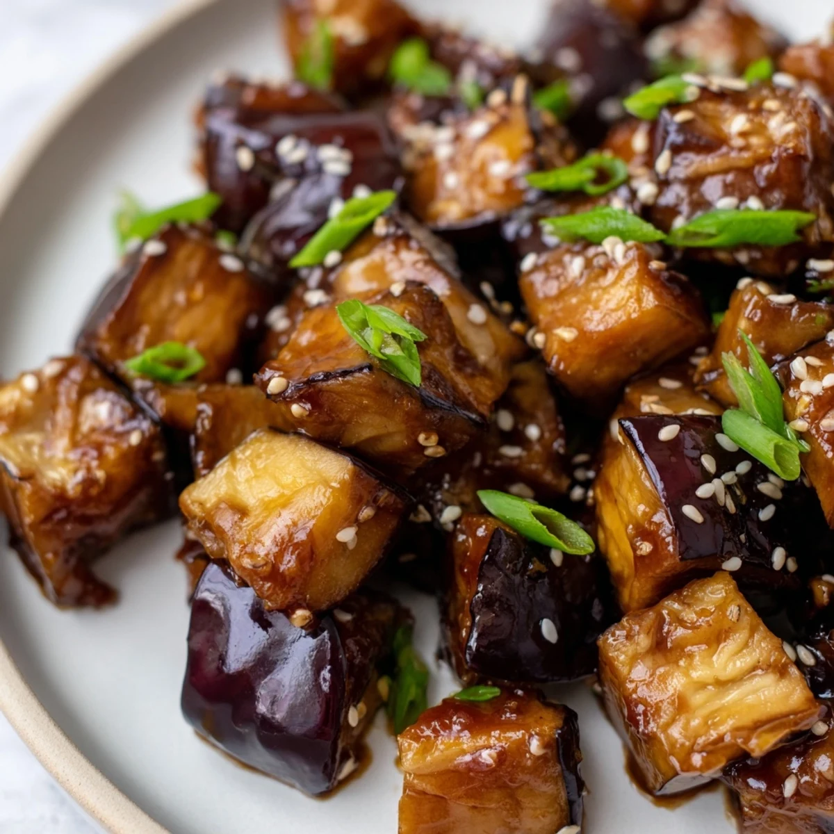 Tender Asian-inspired eggplant pieces coated in savory umami glaze and topped with fresh sliced scallions