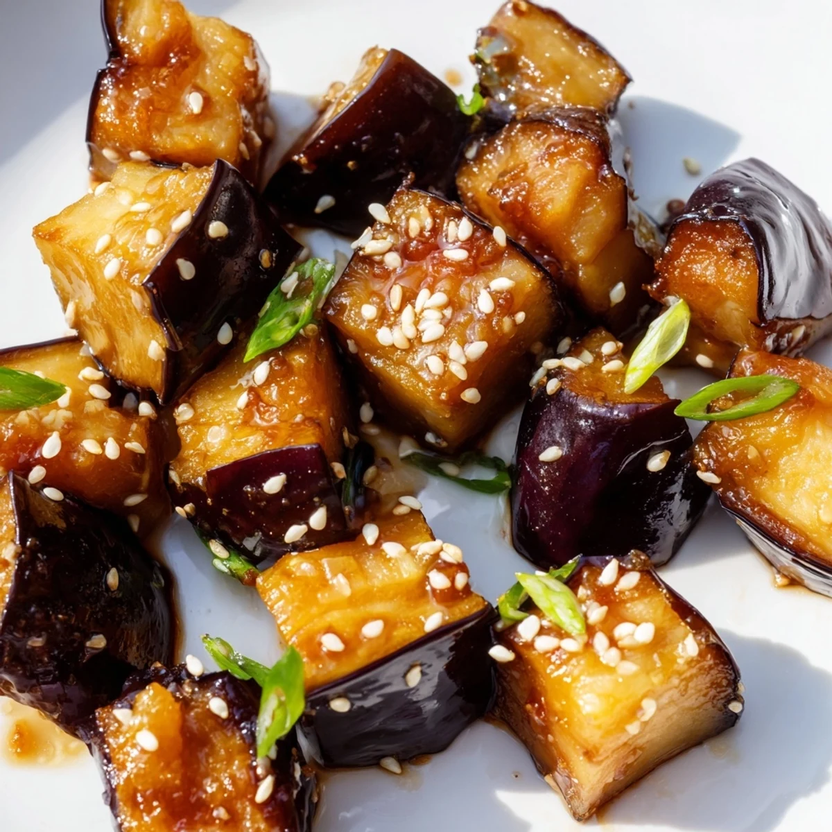 Baked eggplant dish glistening with fragrant ginger soy dressing and sprinkled with toasted sesame seeds