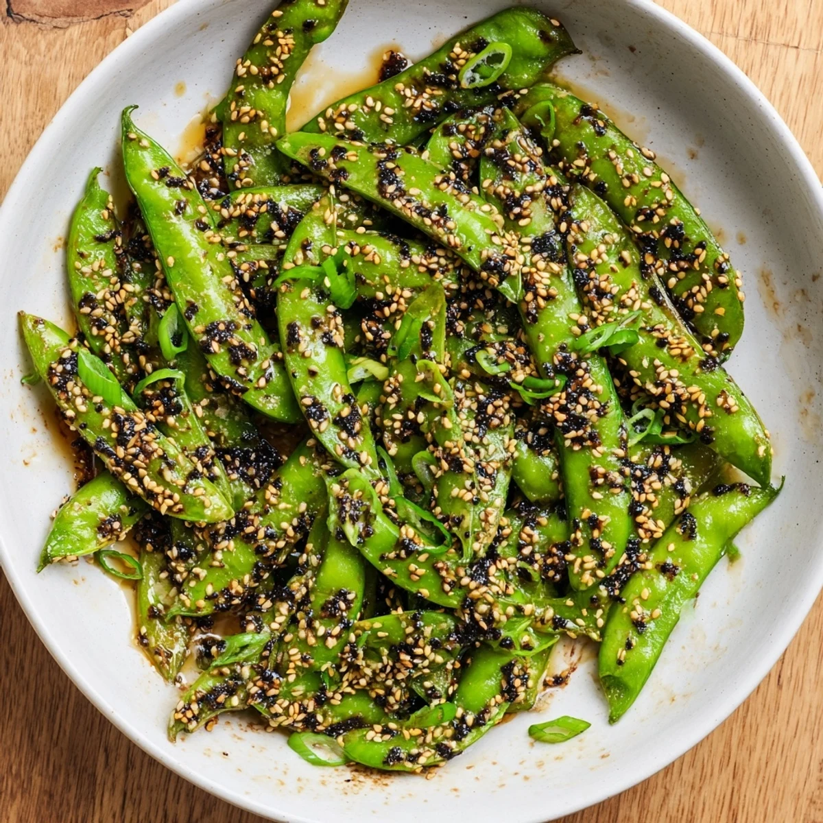 Vibrant sugar snap peas roasted until blistered topped with savory sweet sesame crunch