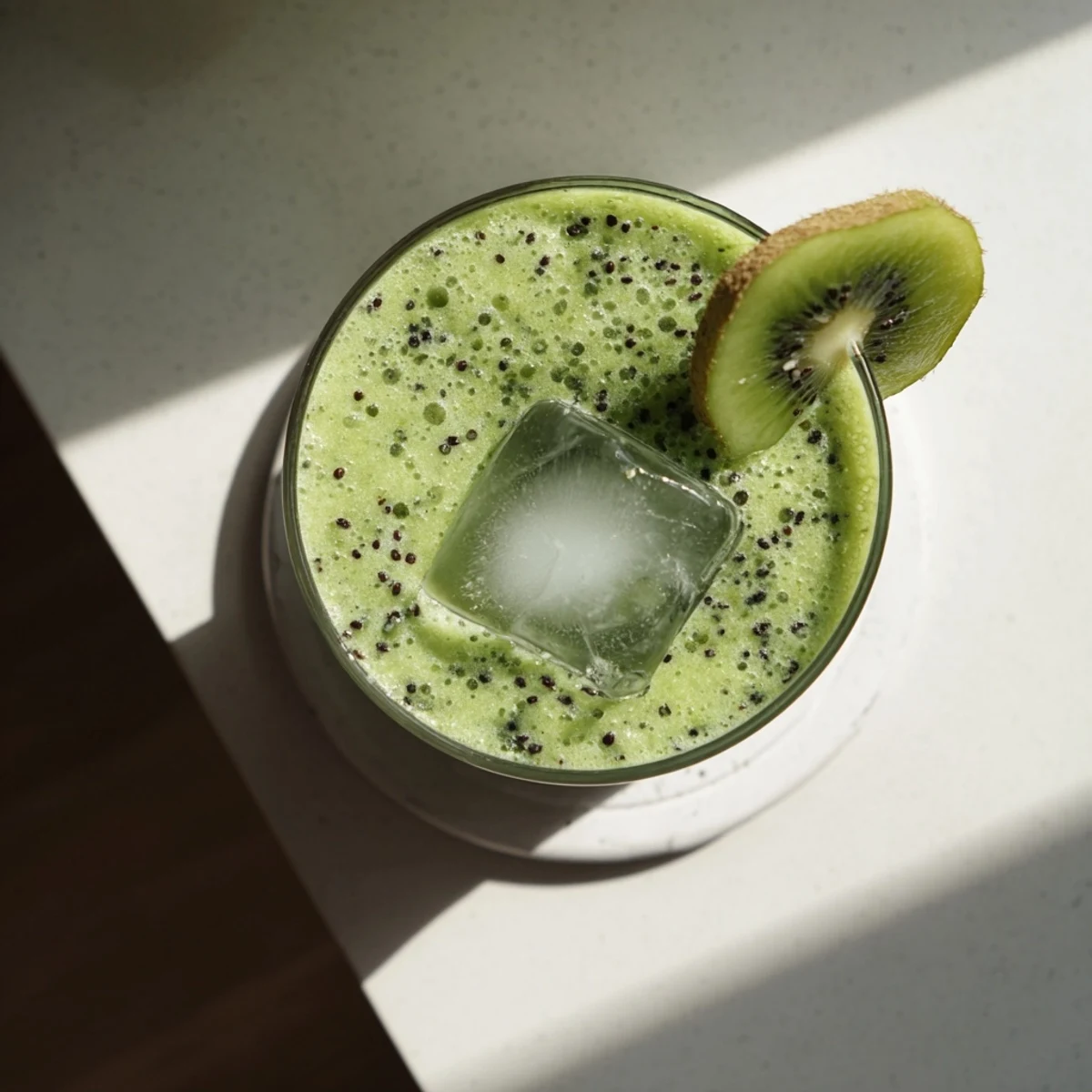 Thick tropical kiwi spinach coconut smoothie poured into a mason jar with straw and ice cubes