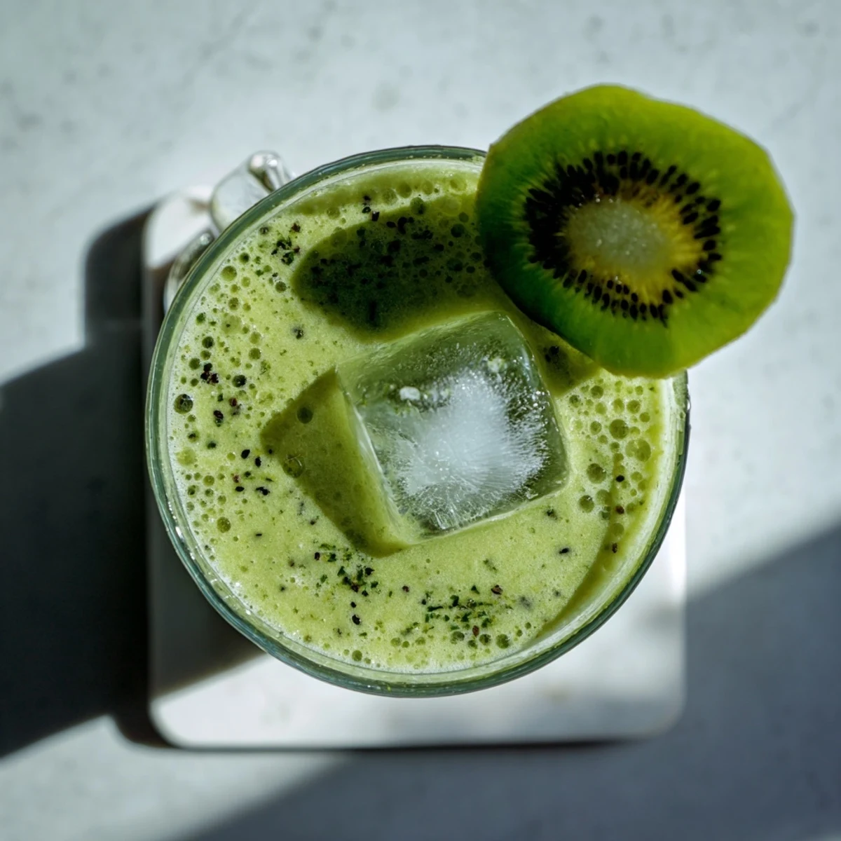 Creamy green smoothie blended with fresh kiwi, spinach leaves, and coconut milk served in clear glass