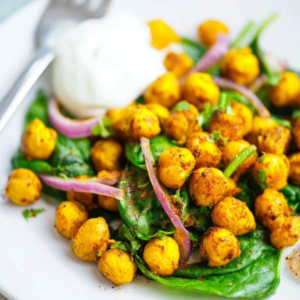 Golden crispy turmeric chickpeas skillet with wilted spinach and red onion slices