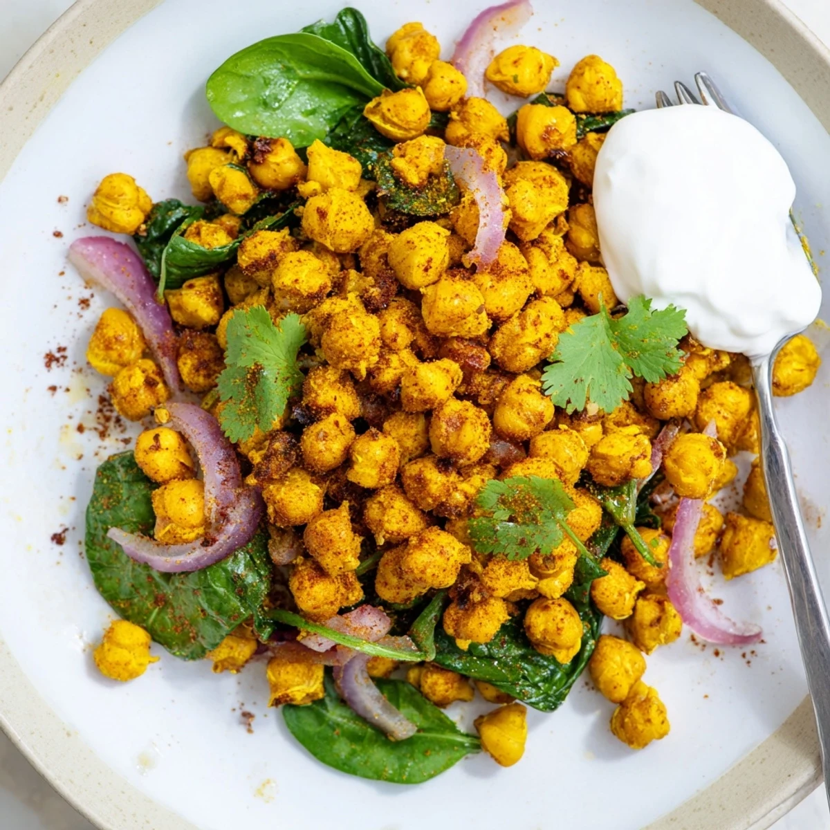 Protein-rich crispy turmeric chickpea skillet with aromatic spices in a cast iron pan