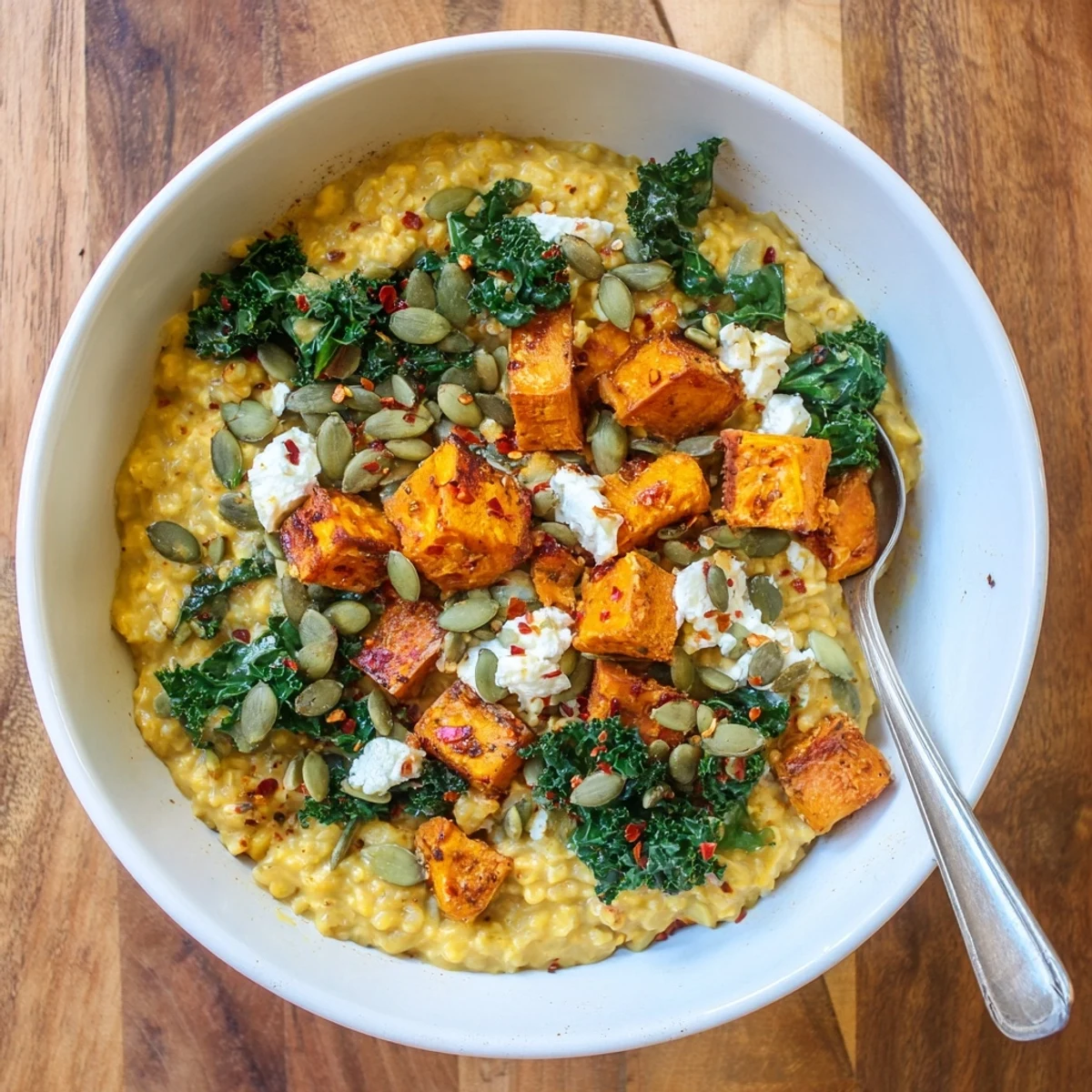 Golden roasted sweet potatoes and wilted kale atop creamy savory turmeric-spiced oats in a bowl