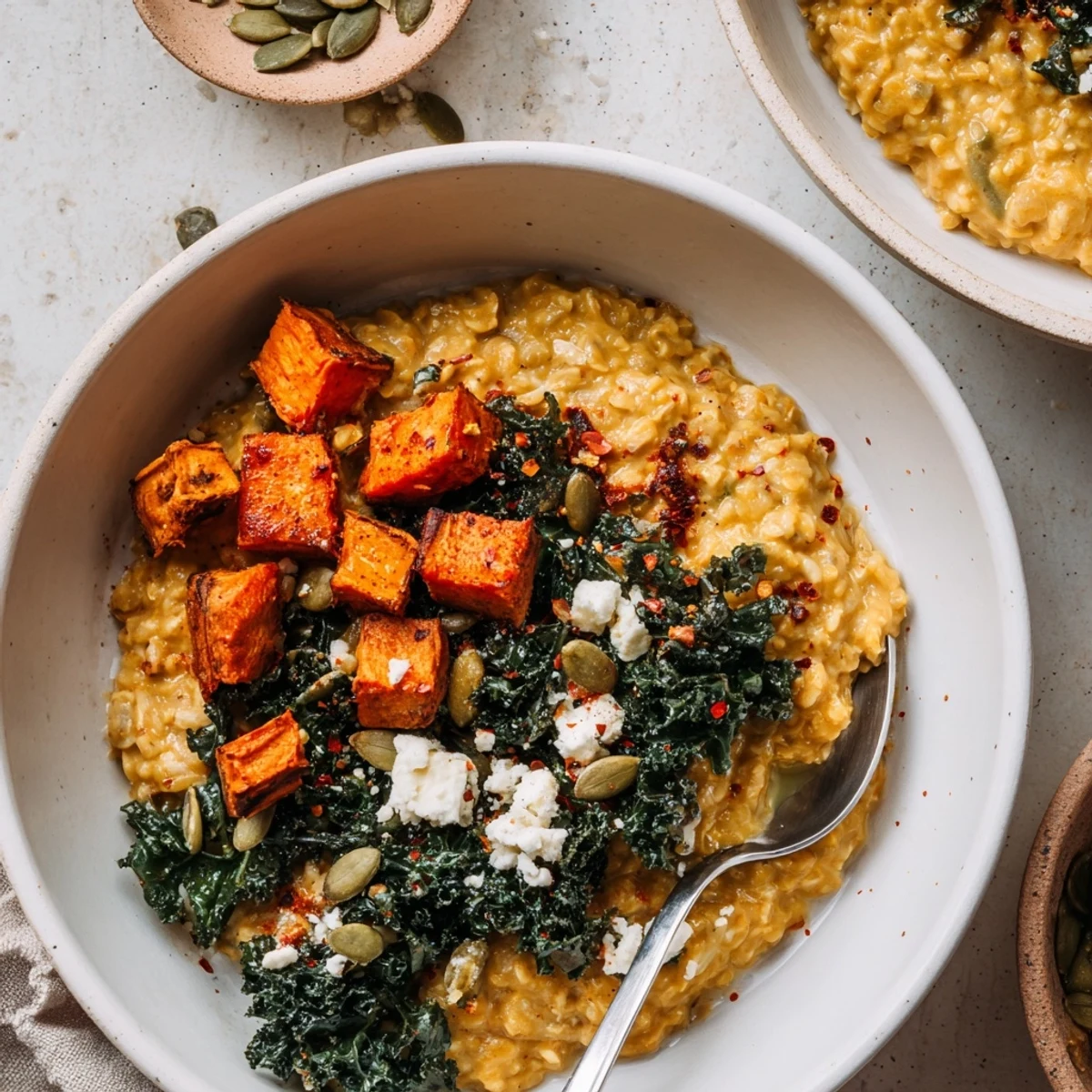 Close-up of comforting sweet potato and kale oat bowl with pumpkin seeds and crumbled feta topping