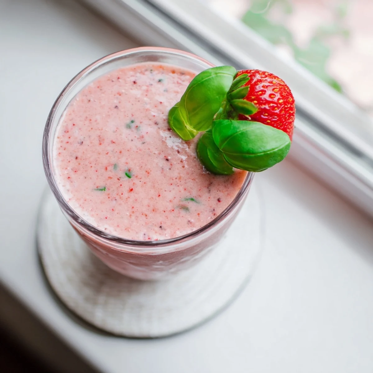 Garnished glass of strawberry basil coconut smoothie topped with fresh basil leaf and sliced strawberry