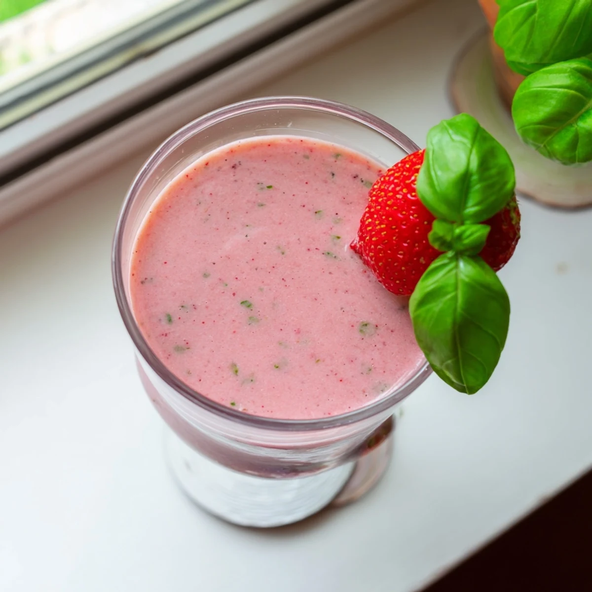 Creamy pink vegan smoothie blending sweet strawberries with fragrant basil in clear glass on counter