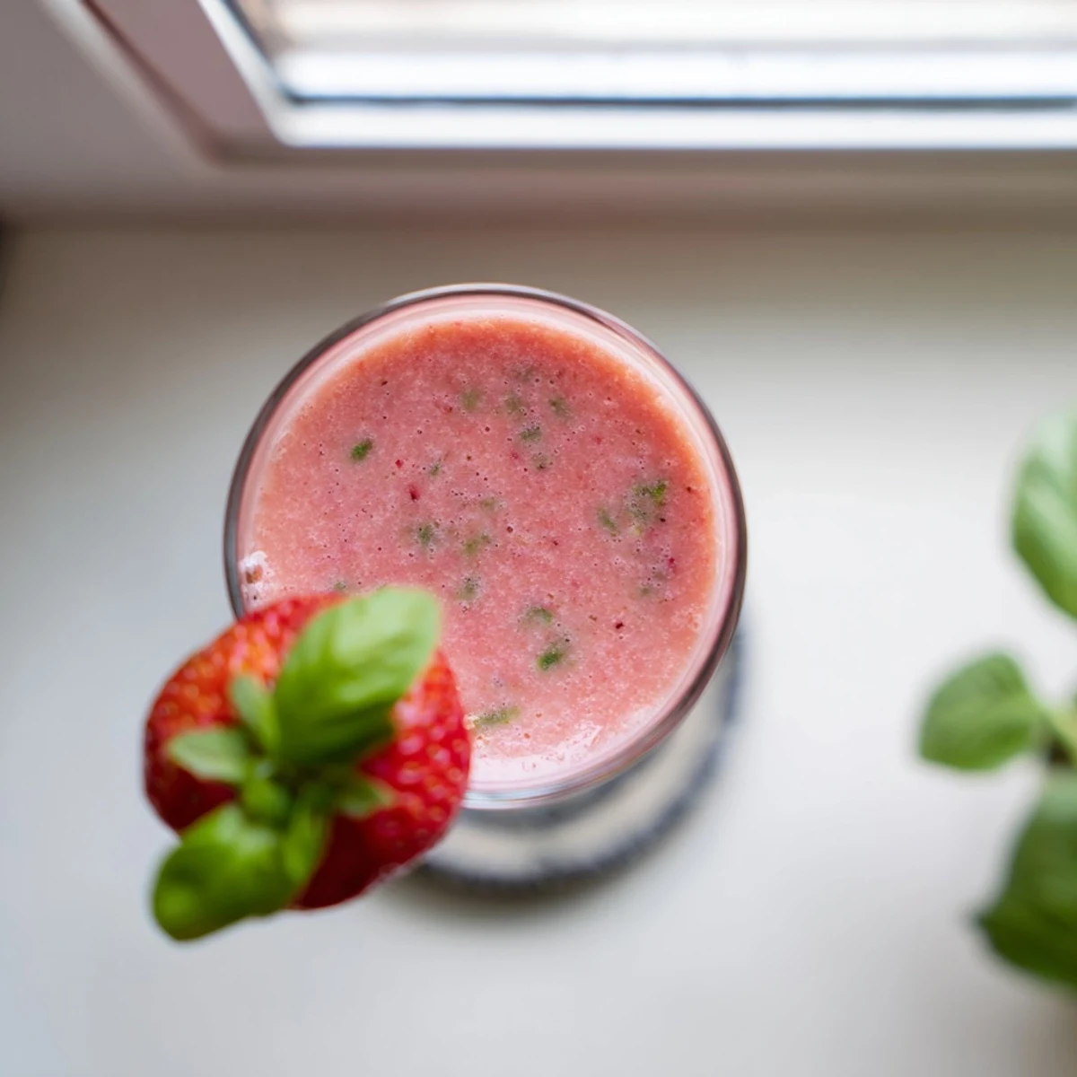 Thick tropical strawberry basil coconut smoothie poured into two glasses with ice cubes visible inside