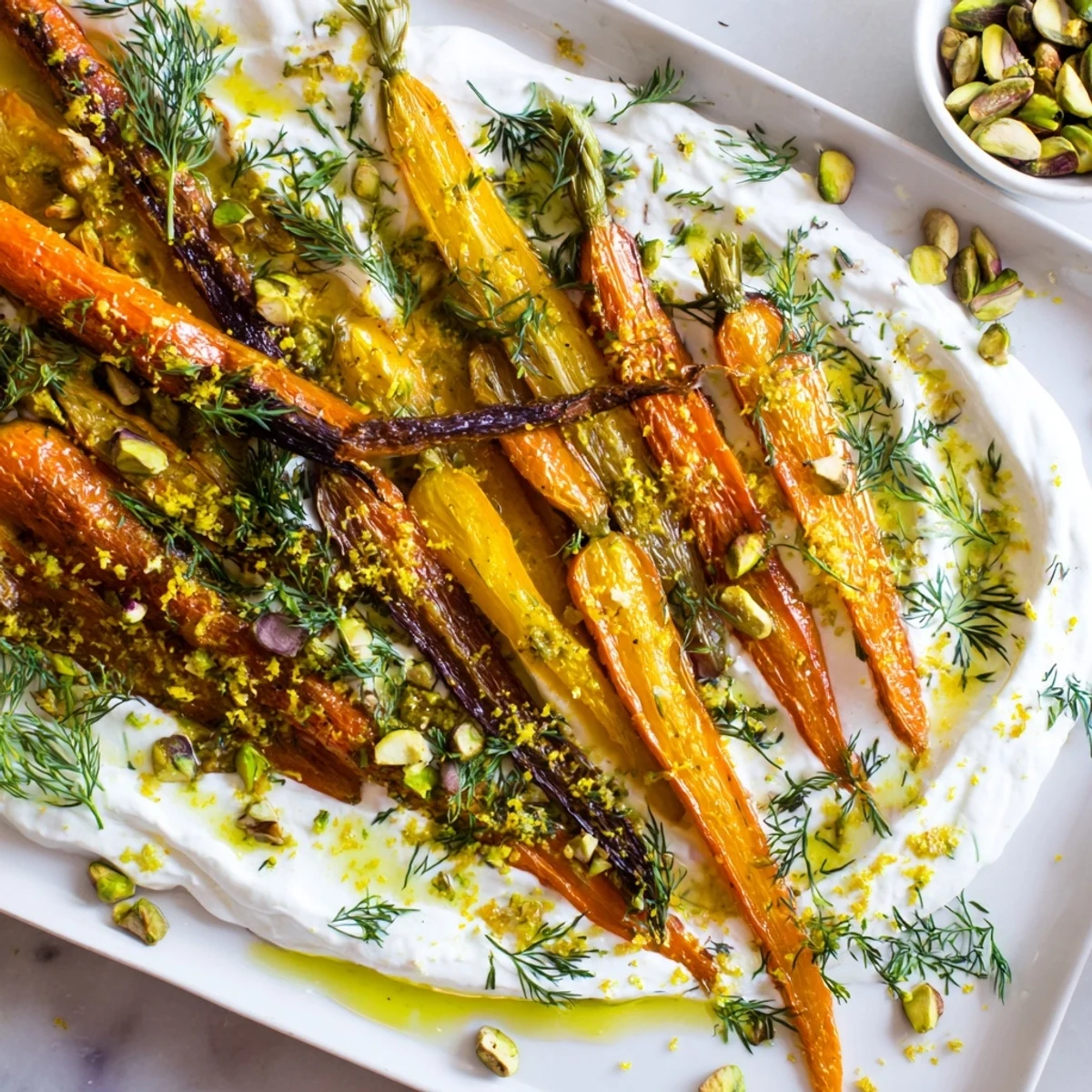 Golden roasted rainbow carrots arranged over creamy herbed Greek yogurt on a white serving platter