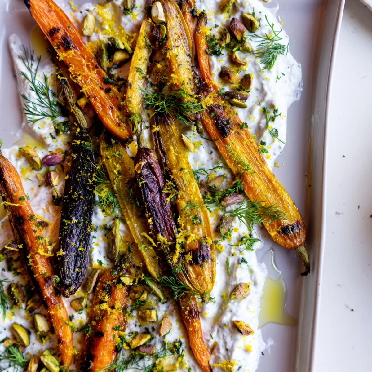 Mediterranean side dish featuring tender roasted rainbow carrots served with lemon garlic herbed yogurt