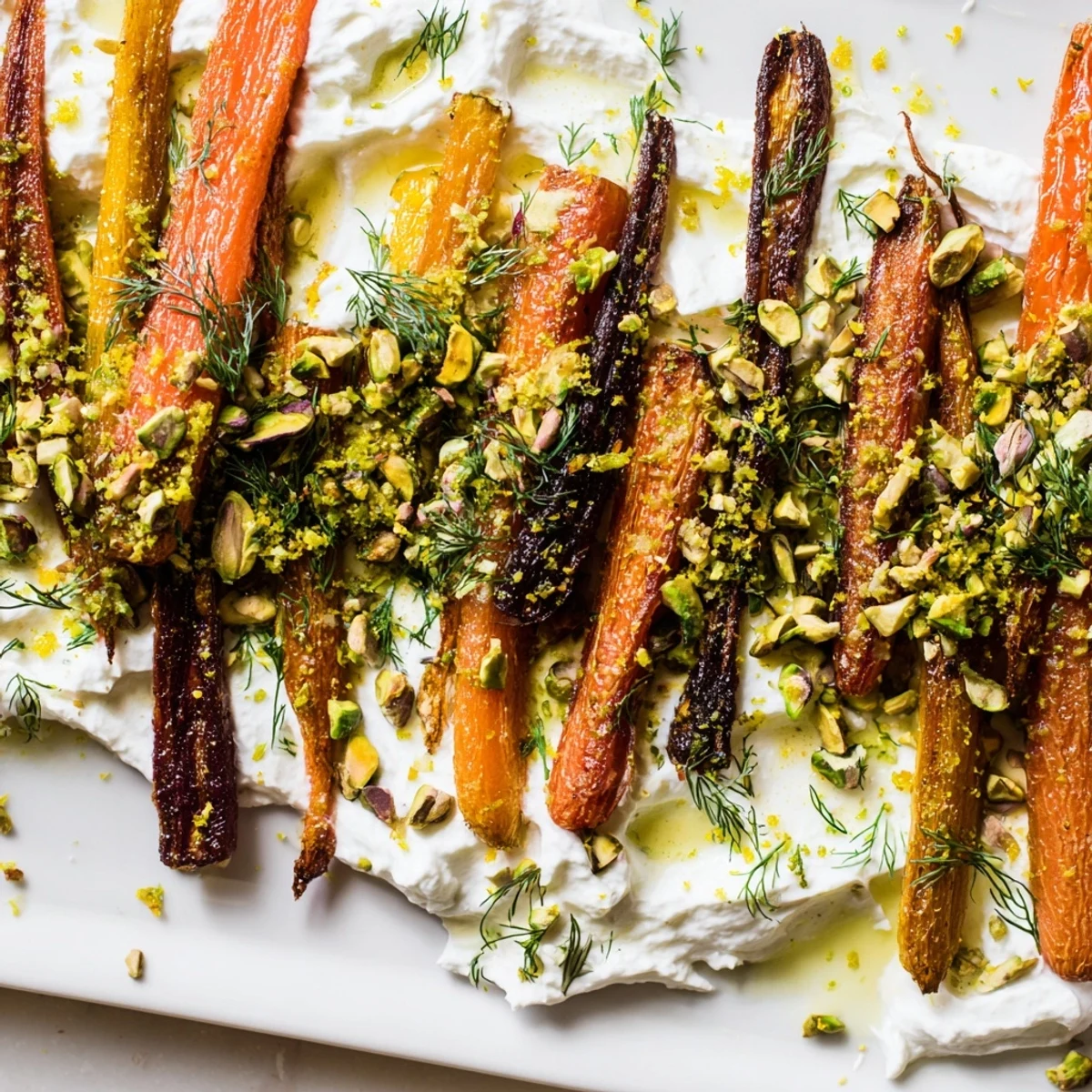Colorful caramelized rainbow carrots topped with fresh dill and parsley atop tangy yogurt sauce